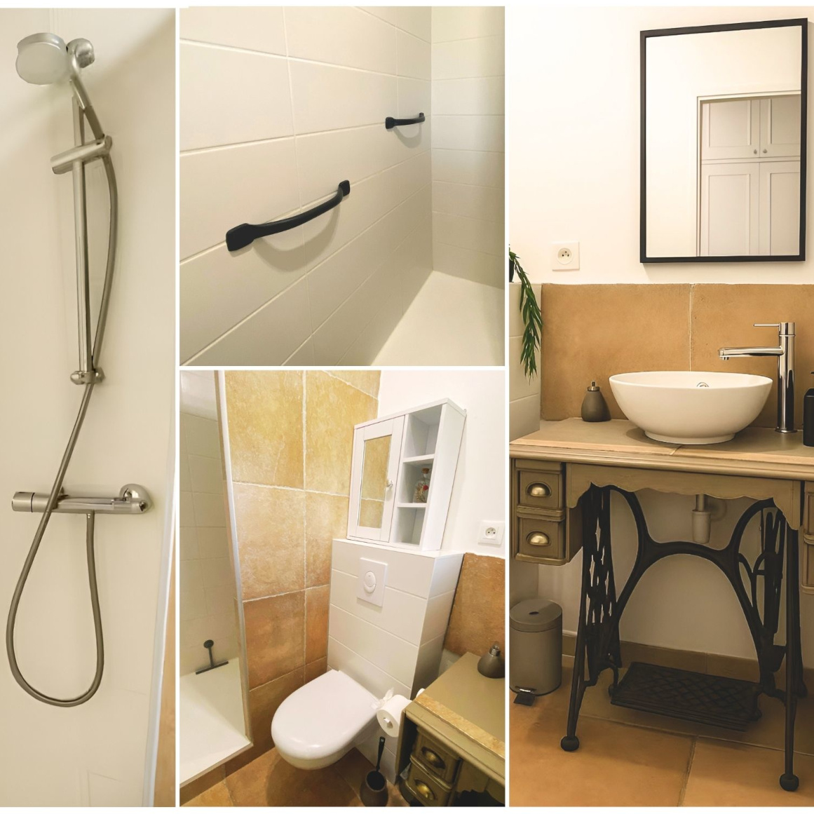 Salle de bain rénovée avec vasque, grande douche, barres d'appui et WC