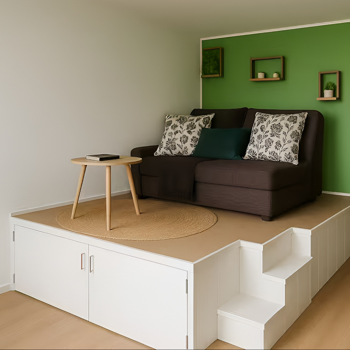 Le coin salon cosy sur une plateforme surélevée
